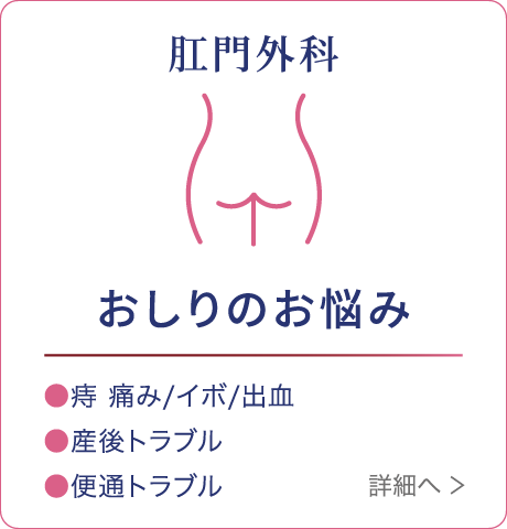 肛門外科 おしりのお悩み ●痔 痛み/イボ/出血 ●産後トラブル ●便通トラブル 詳細へ